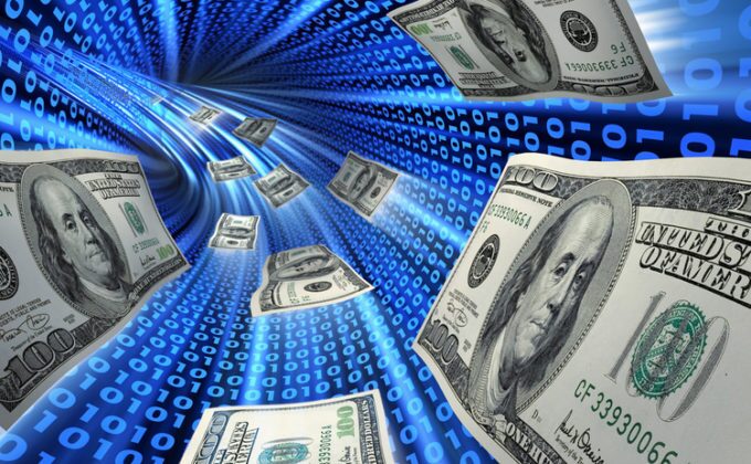 USD dollar bills shooting through a blue code blockchain crypto wire tunnel 