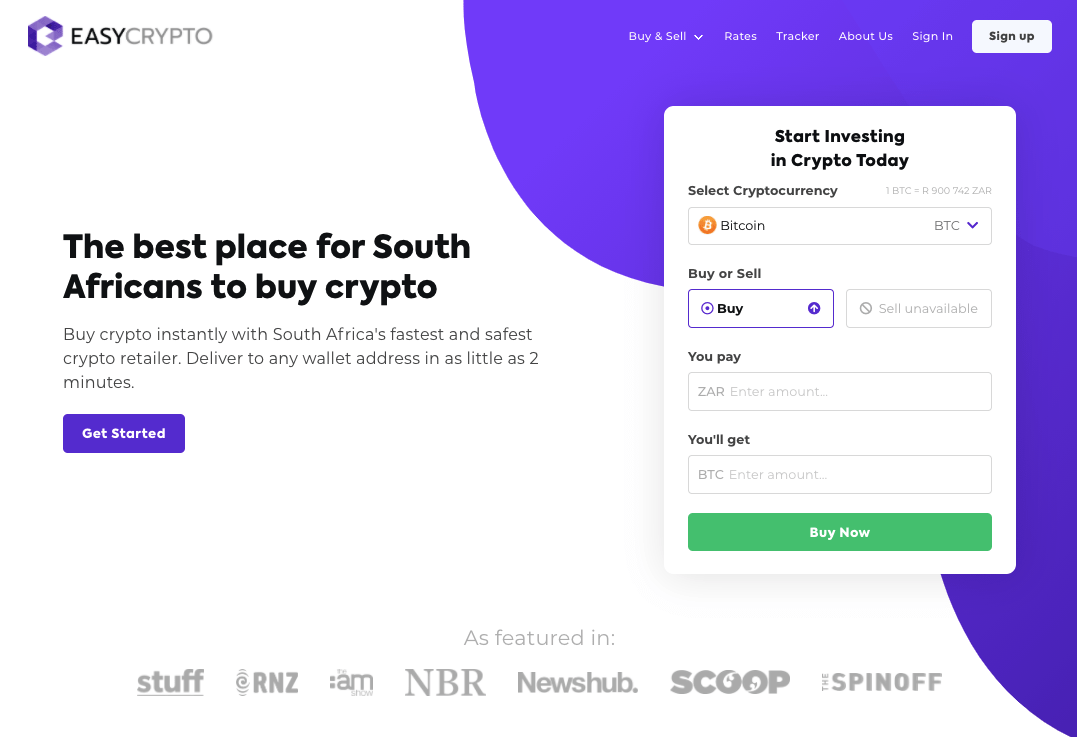 Screenshot of Easy Crypto South Africa homepage.