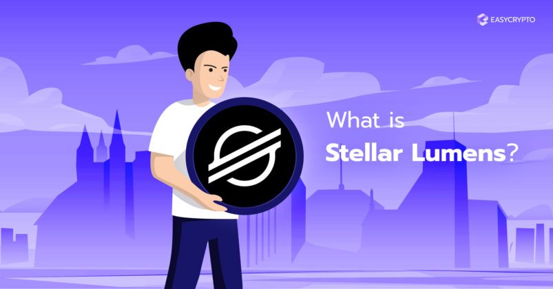 Person holding the Stellar Lumens XLM logo on a purple background.