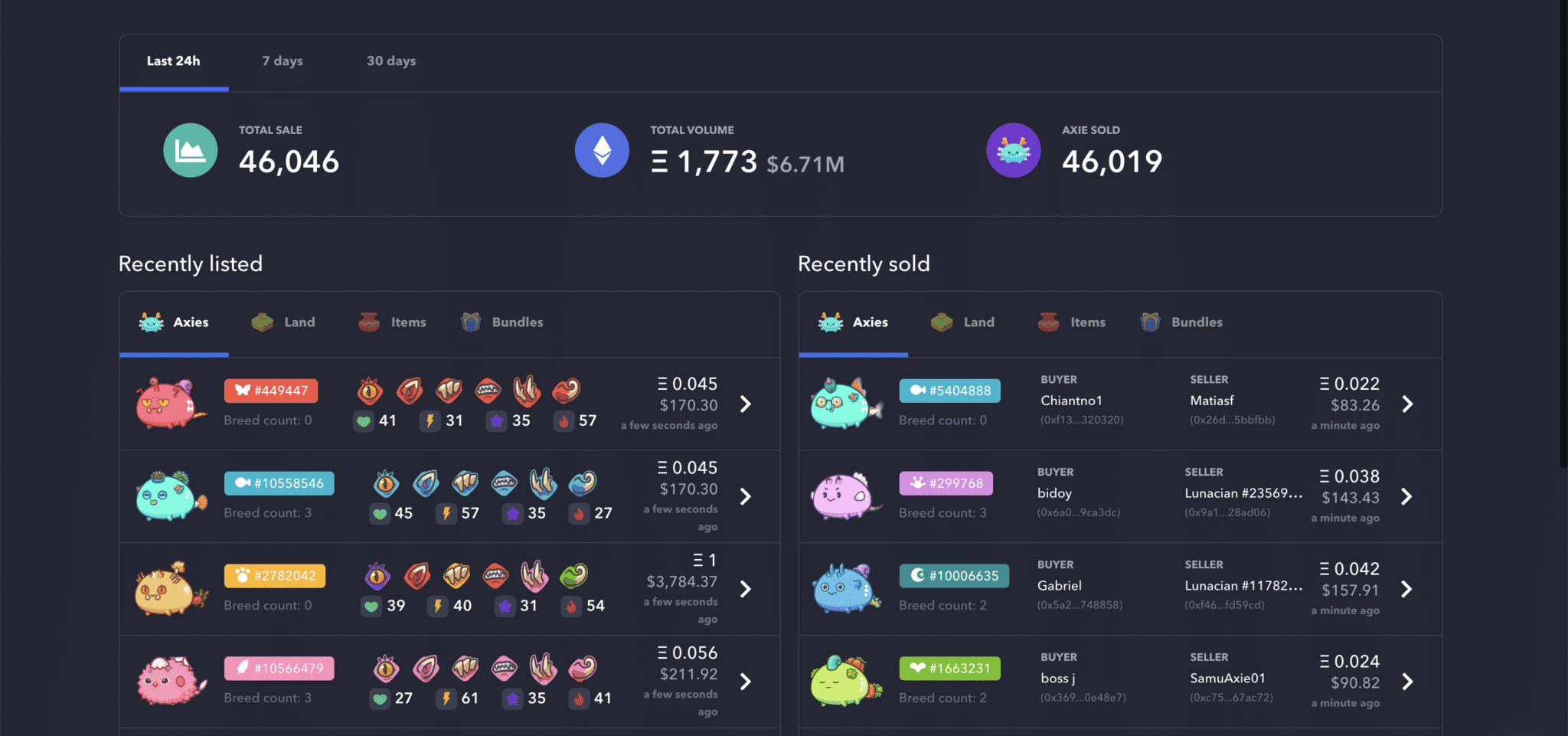 Screenshot of the Axie Infinity NFT game marketplace.