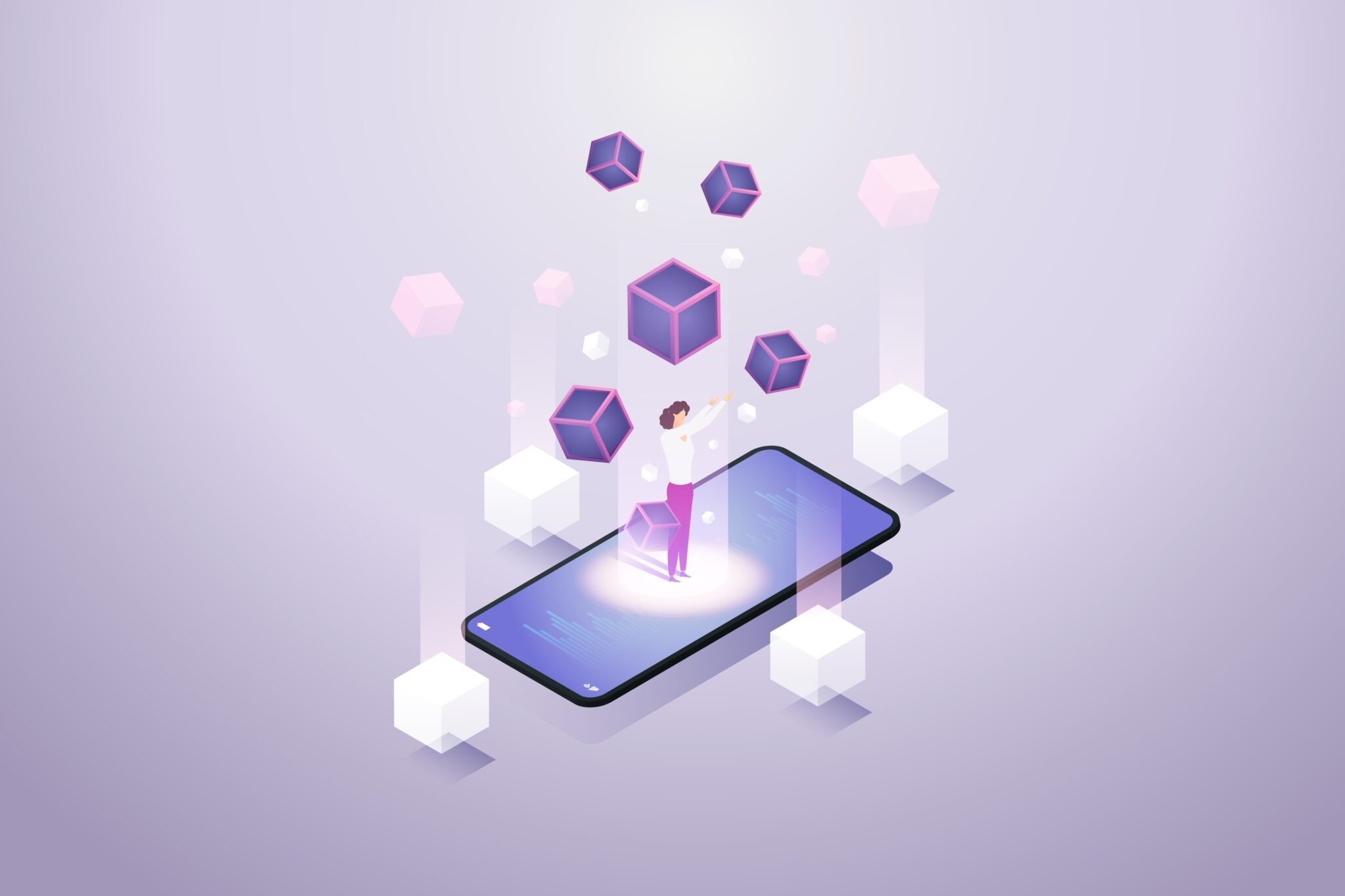 Illustration of a phone with blocks falling on top of it. 