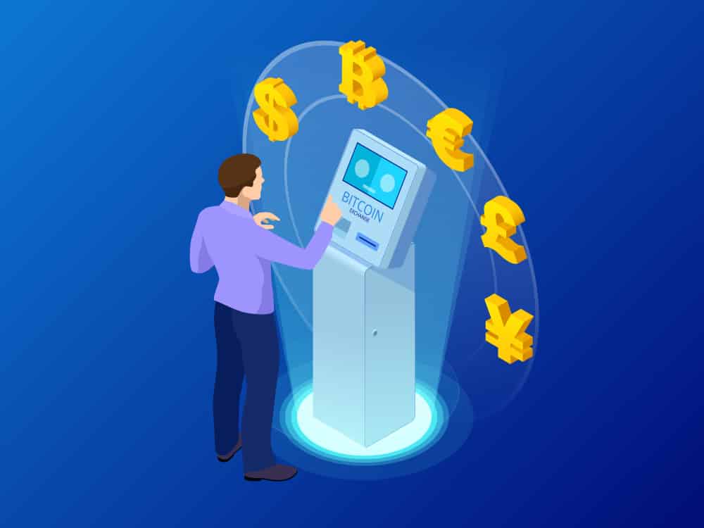 Illustration of a man standing in front of a cryptocurrency ATM. 