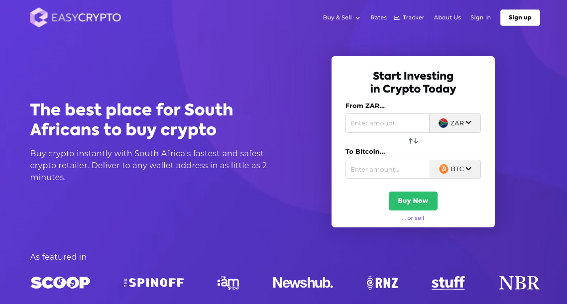 Screenshot of Easy Crypto ZA homepage showcasing BTC and ZAR pairing. 