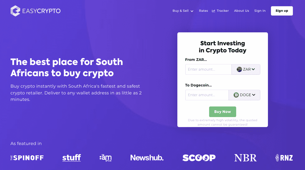 Screenshot of buy Dogecoin at Easy Crypto South Africa homepage.