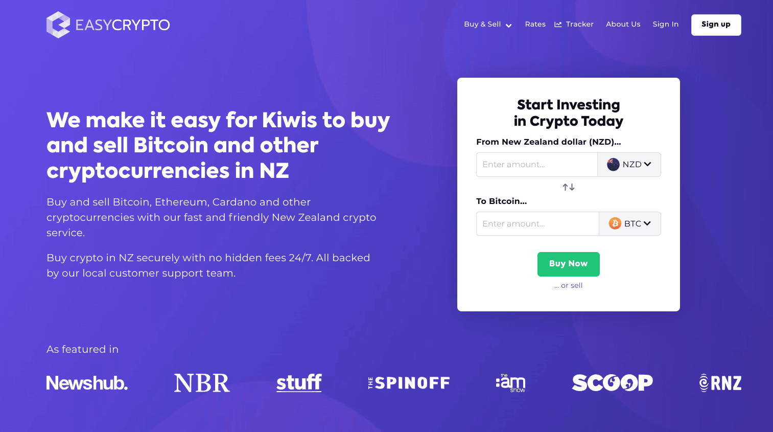 Screenshot of Easy Crypto New Zealand homepage.