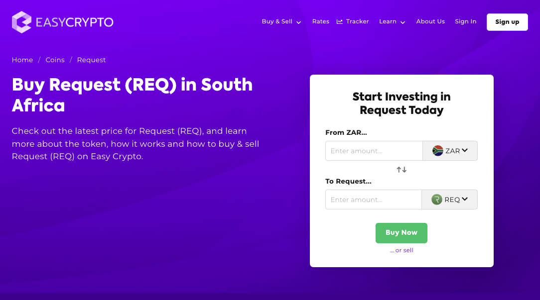 Screenshot for the buying page for REQ and ZAR.