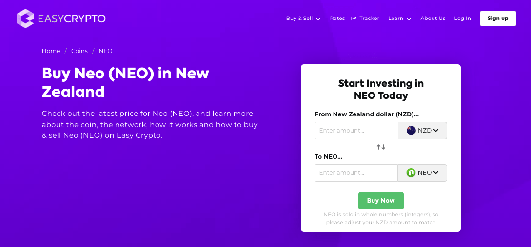 Screenshot of Easy Crypto New Zealand showcasing the NEO and NZD pairing.