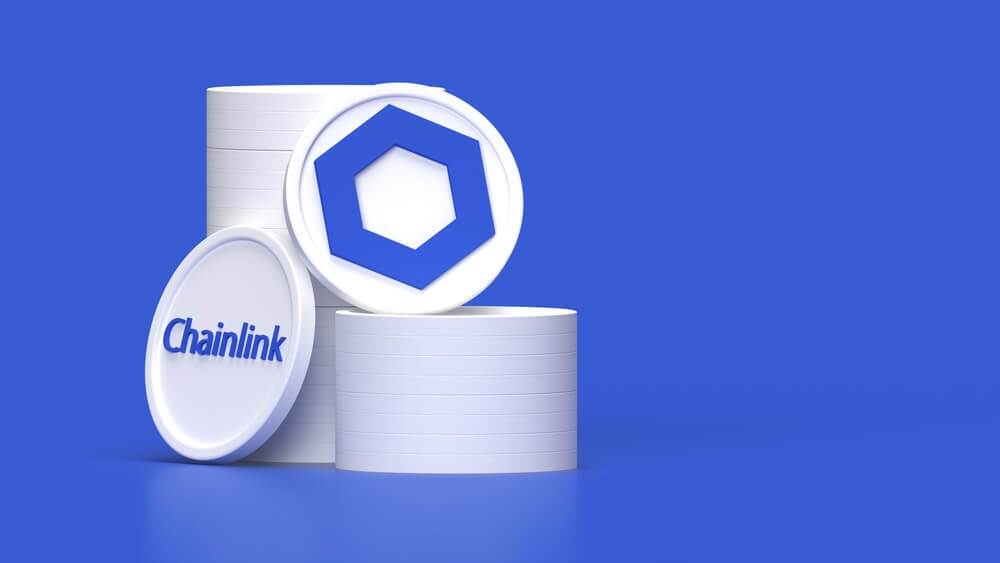 Chainlink LINK crypto token on light blue background.