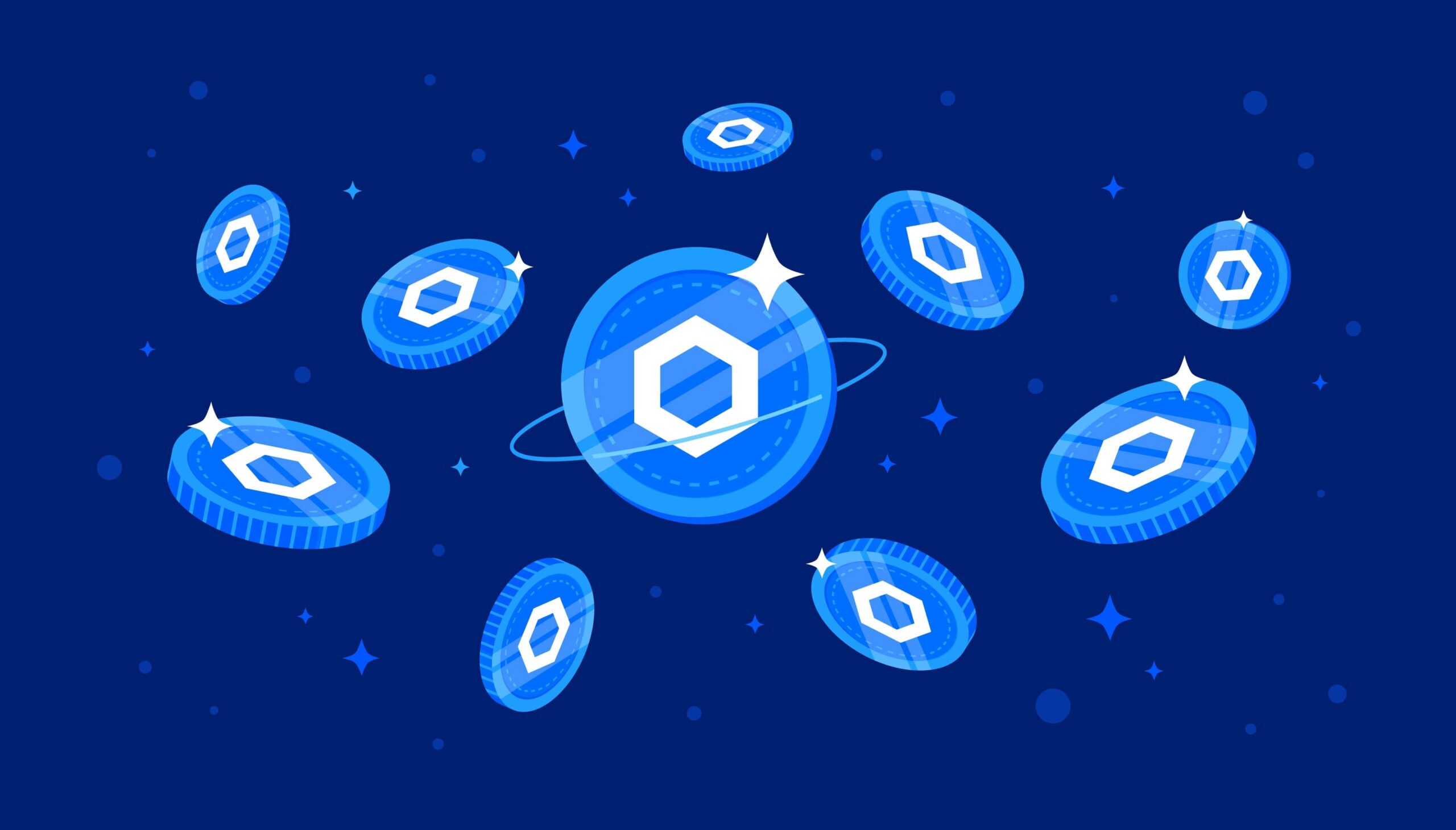 Chainlink LINK crypto tokens on dark blue background.