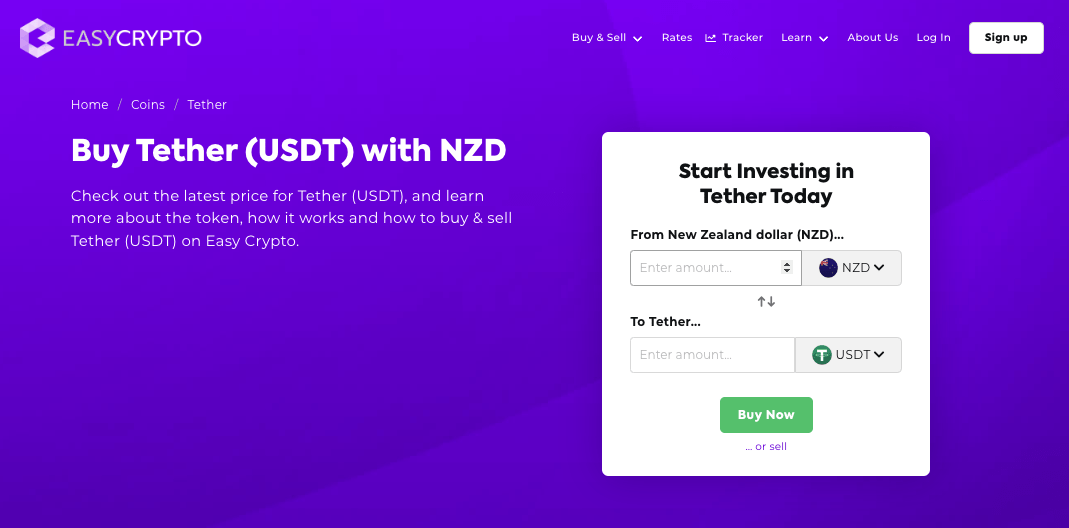 Screenshot of Easy Crypto coin page showcasing Tether (USDT) and NZD pairing.