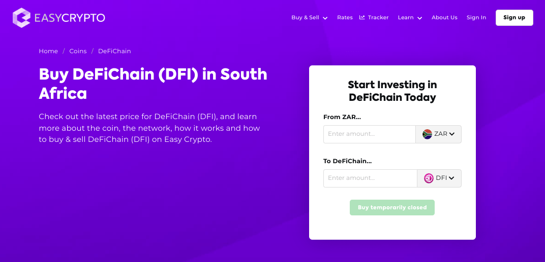 Screenshot of Easy Crypto South Africa coinpage showcasing ZAR and DFI pairing.