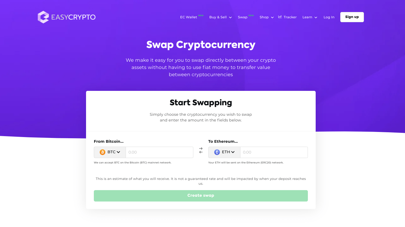 Screenshot of crypto swaps page on Easy Crypto