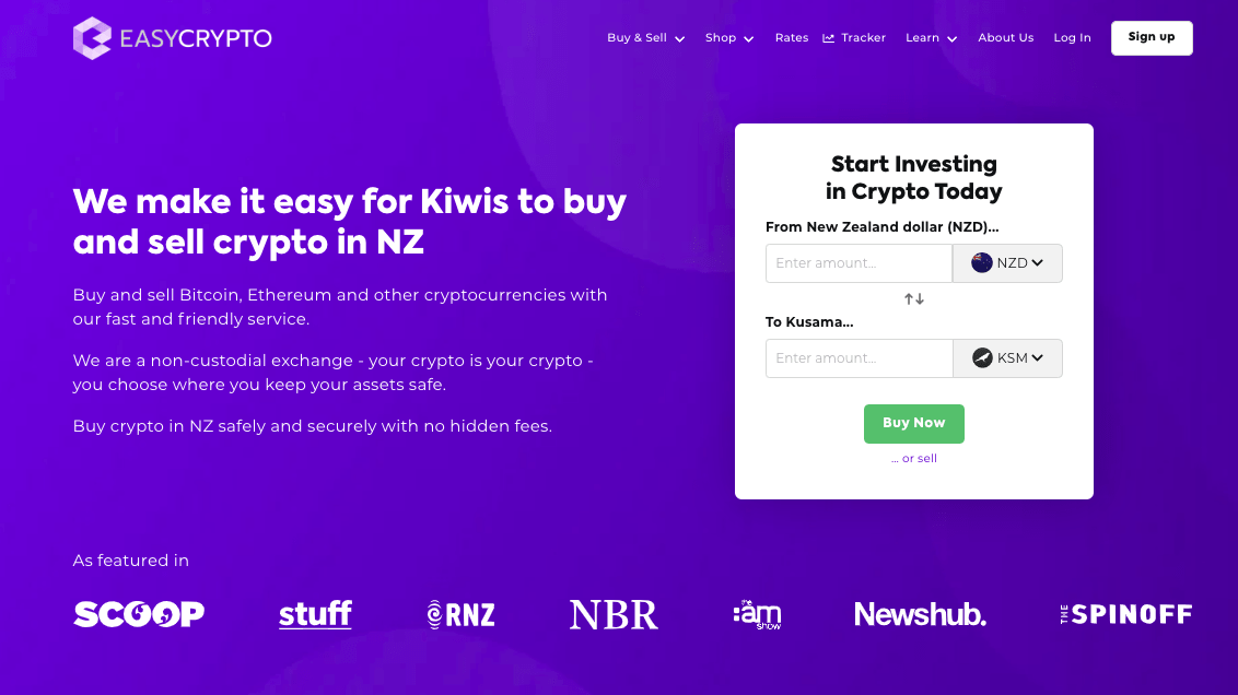 Easy Crypto homepage showcasing NZD and KSM pairing.