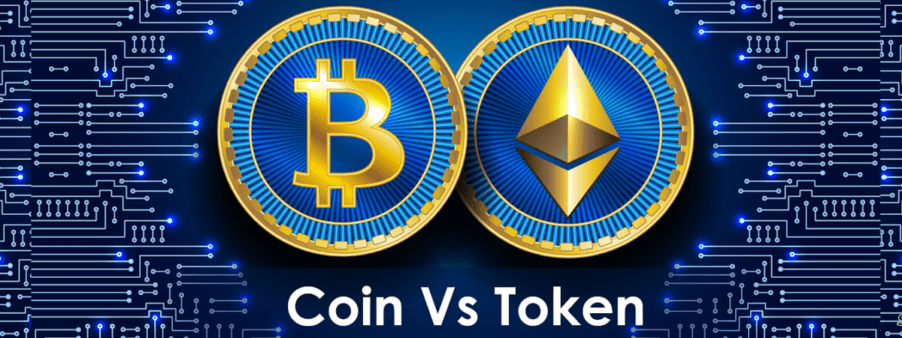 Bitcoin and ethereum coins with purple background and title saying coins vs tokens