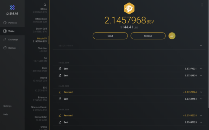 Bitcoin satoshi vision in an exodus wallet screenshot