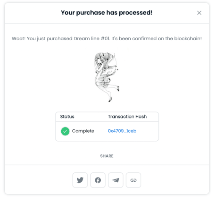 Screenshot of OpenSea splash screens showing successful purchase of NFT