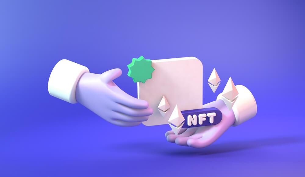 Hands exchanging NFTs on purple background.