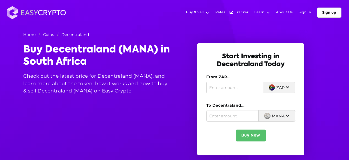 Screenshot of Decentraland (MANA) and ZAR pairing on Easy Crypto South Africa.