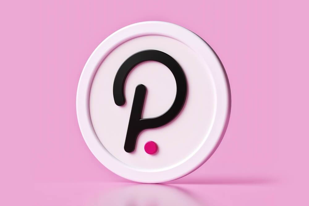 Polkadot (DOT) crypto token on light pink background