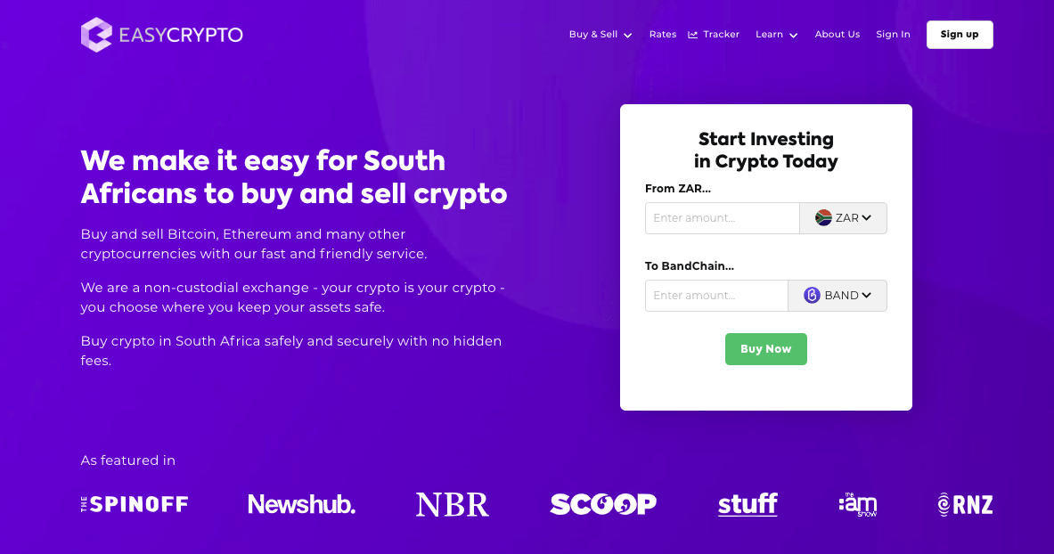 Screenshot of Easy Crypto ZA homepage showcasing the BAND and ZAR pairing.