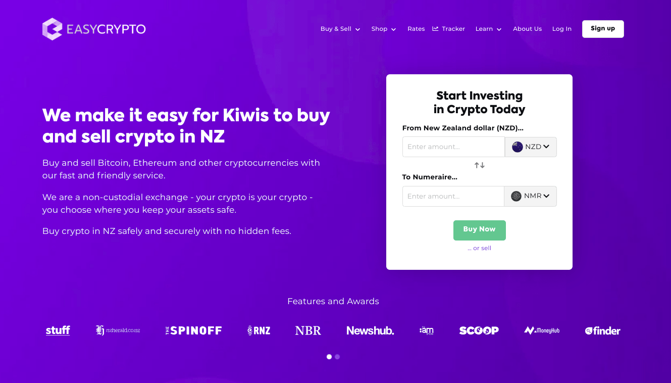 Screenshot of Easy Crypto homepage showcasing the NMR and NZD pairing.