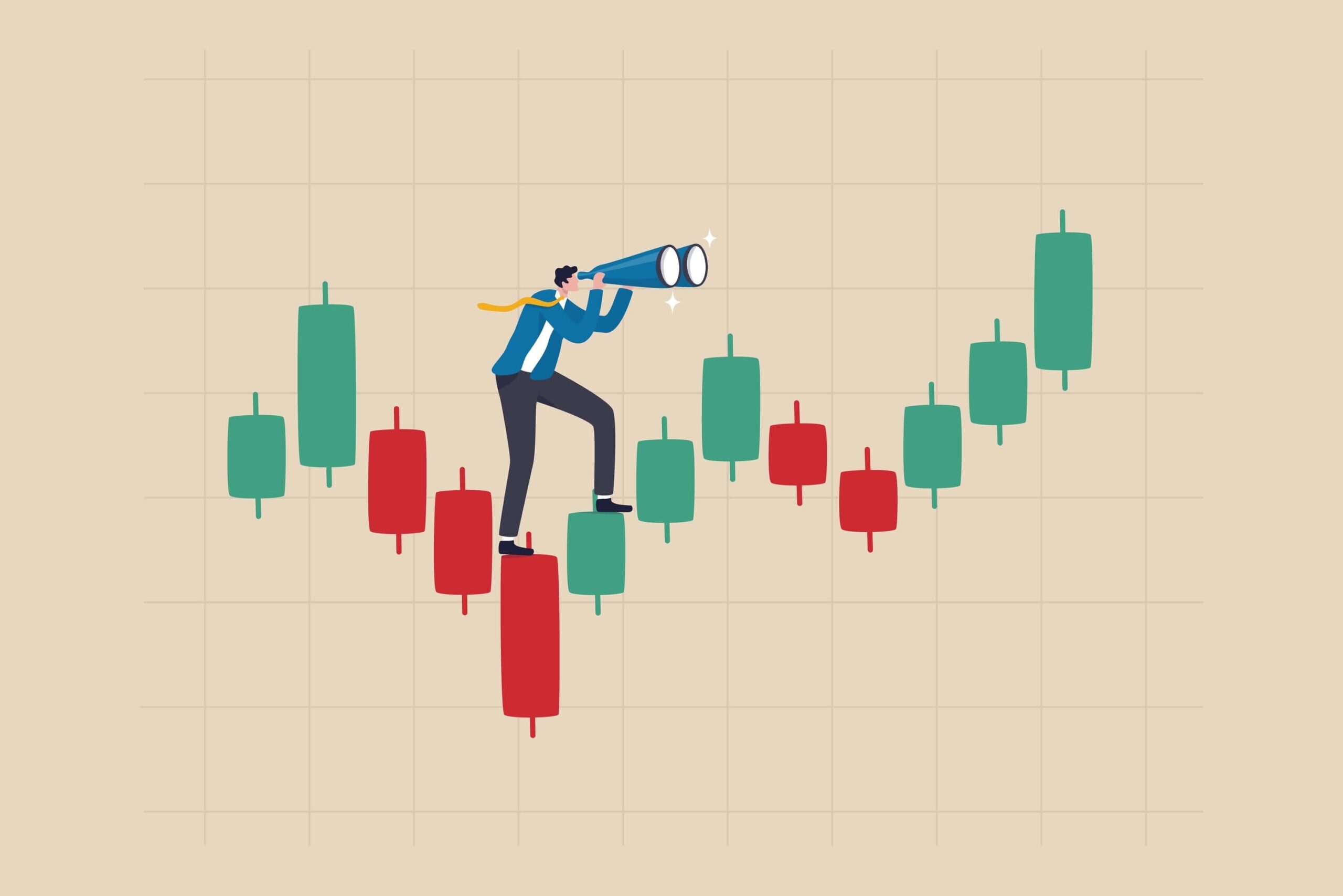 Crypto trading illustration with binoculars man