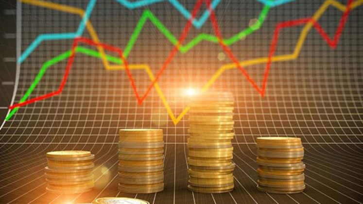 Untitled-1 Cryptocurrencies are illustrated as stack of gold coins with colorful chart on background