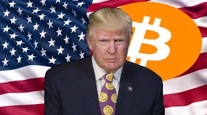 trump with bitcoin logo and usa flag background