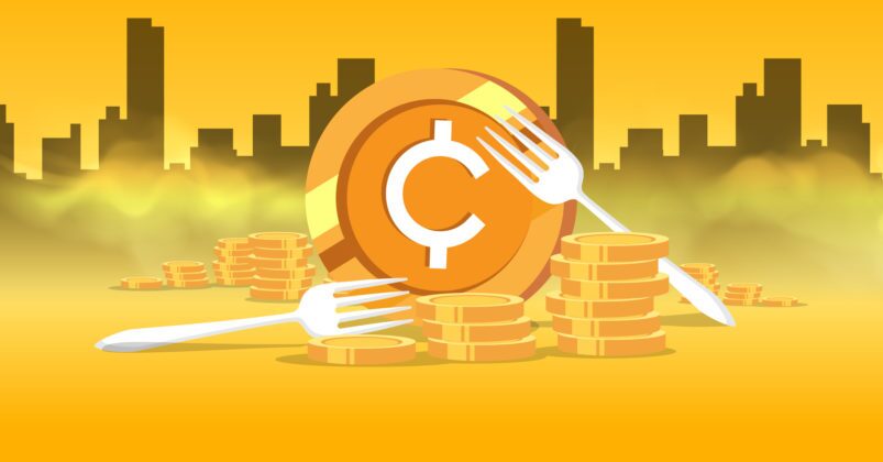 Illustration of 3 crypto coins with 2 forks on top to illustrate the idea of what are crypto forks. Illustration of 3 crypto coins with 2 forks on top to illustrate the idea of what are crypto forks.