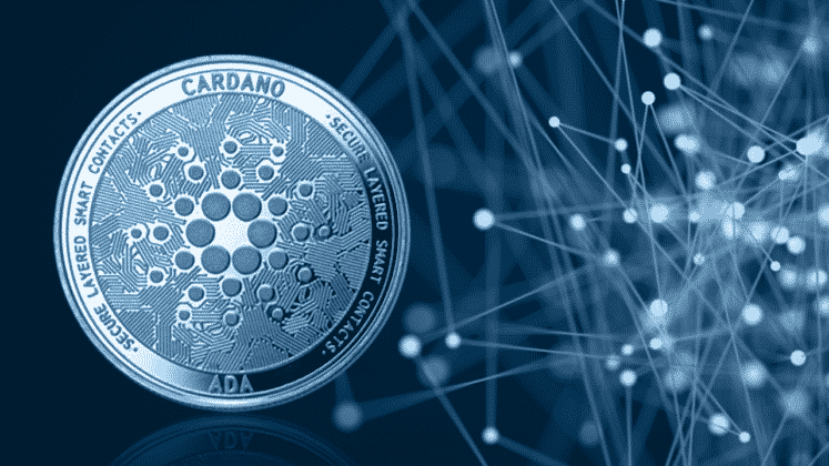 35X2m6UL-cardano Cardano coin logo on dark blue background.