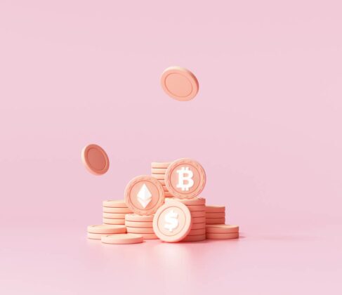 Bitcoin and Ethereum Coins on pink background Bitcoin and Ethereum Coins on pink background