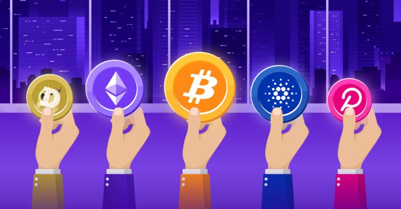 Image of six arms extending up with each one holding a different crypto coin to illustrate the topic of what is cryptocurrency Image of six arms extending up with each one holding a different crypto coin to illustrate the topic of what is cryptocurrency